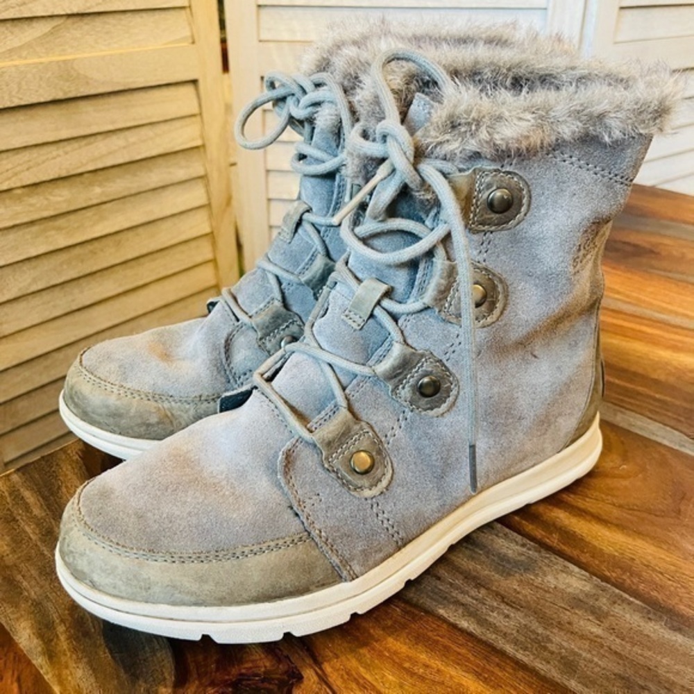 Sorel Women's Light Gray Suede Fur-Trim Lace-Up Ankle Boots